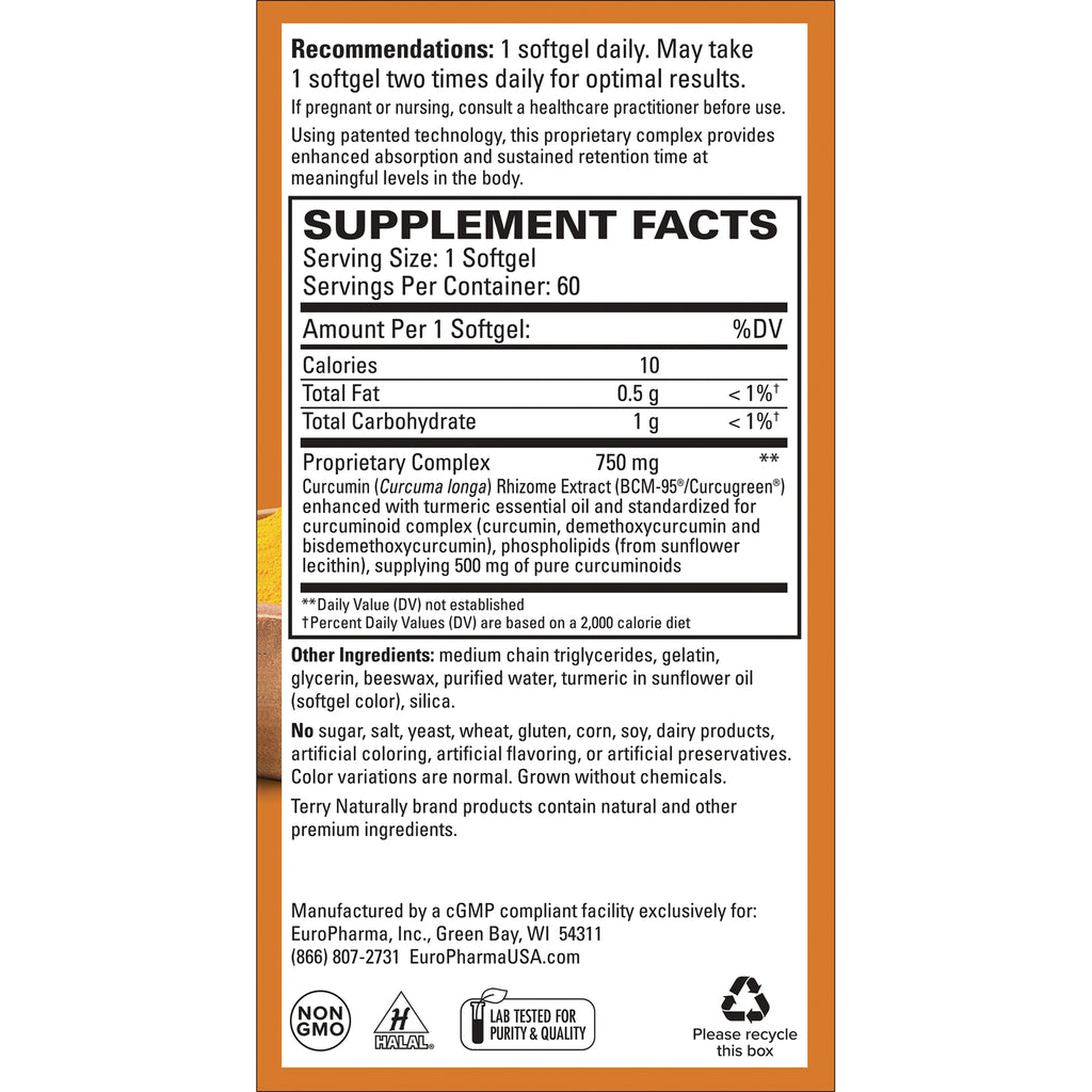 EUR036 | back label showing SUPPLEMENT FACTS panel with serving size 1 softgel, Proprietary Complex 750 mg, other ingredients - Thumbnail