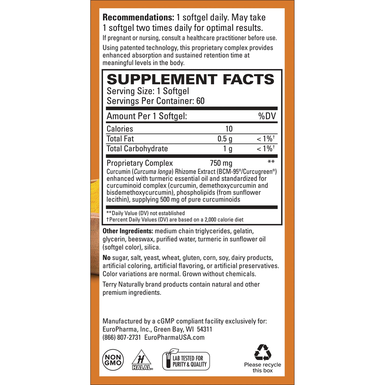 EUR036 | back label showing SUPPLEMENT FACTS panel with serving size 1 softgel, Proprietary Complex 750 mg, other ingredients