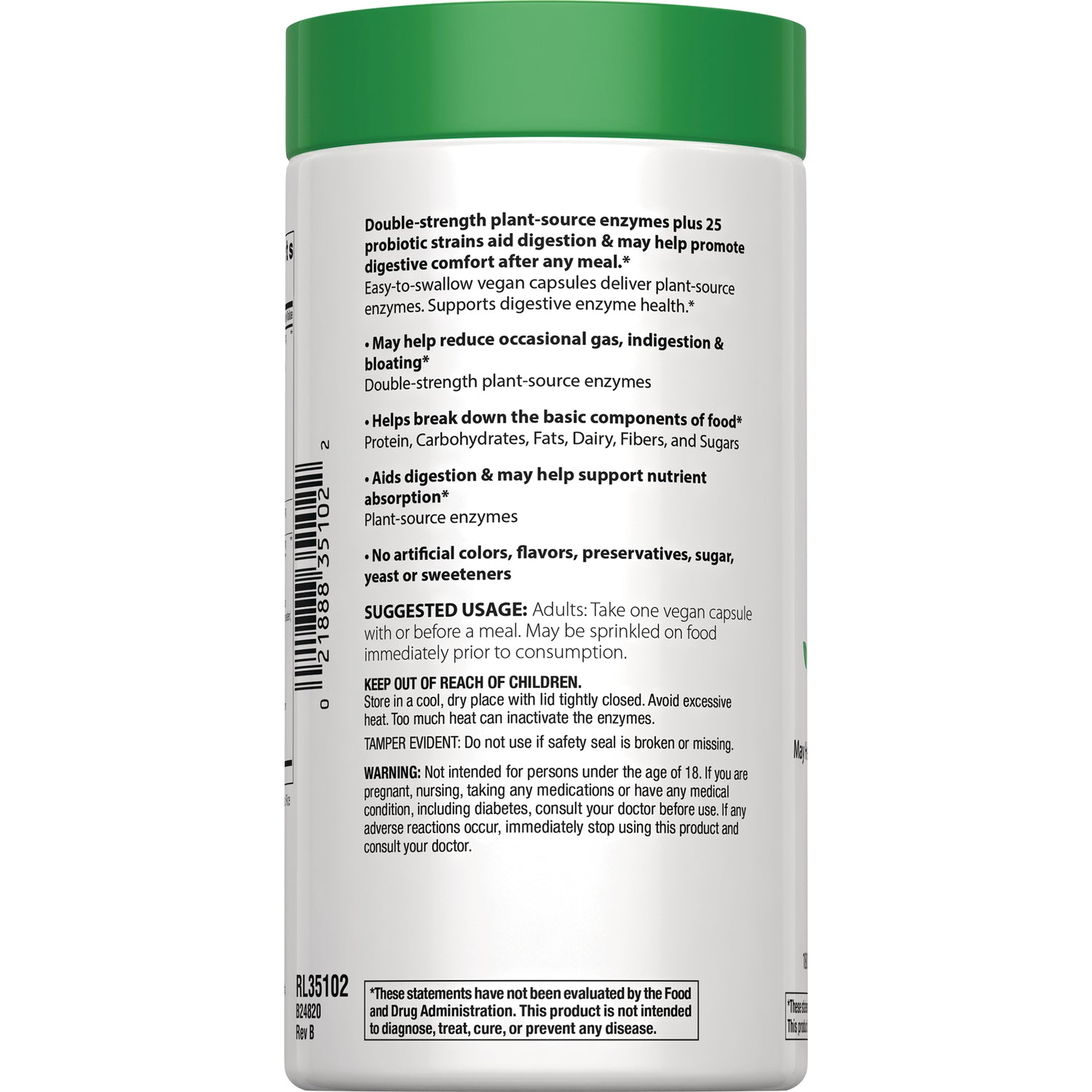 RBL179 | Back label showing supplement benefits, suggested usage, warnings and barcode