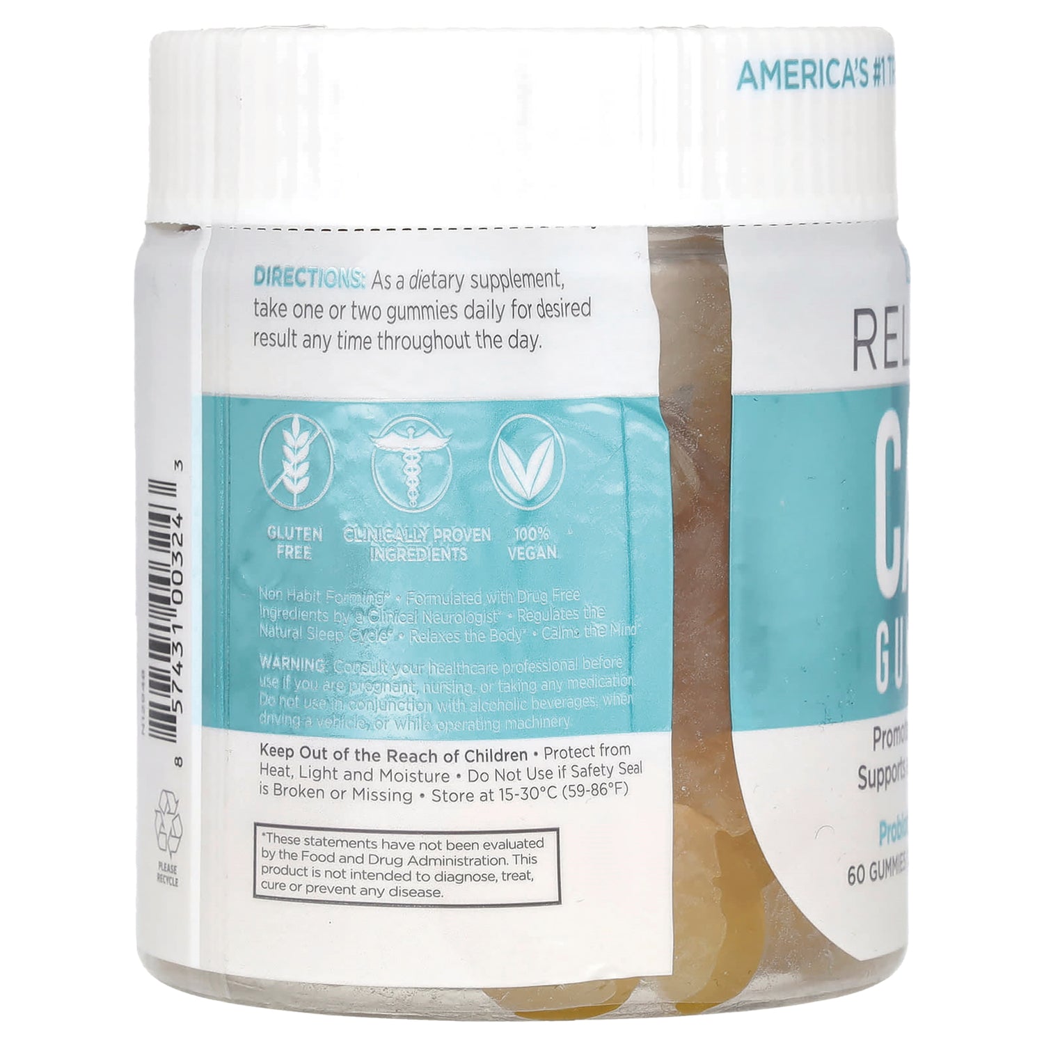 REL005 | back label with directions, gluten free and 100% vegan icons, warning and storage instructions