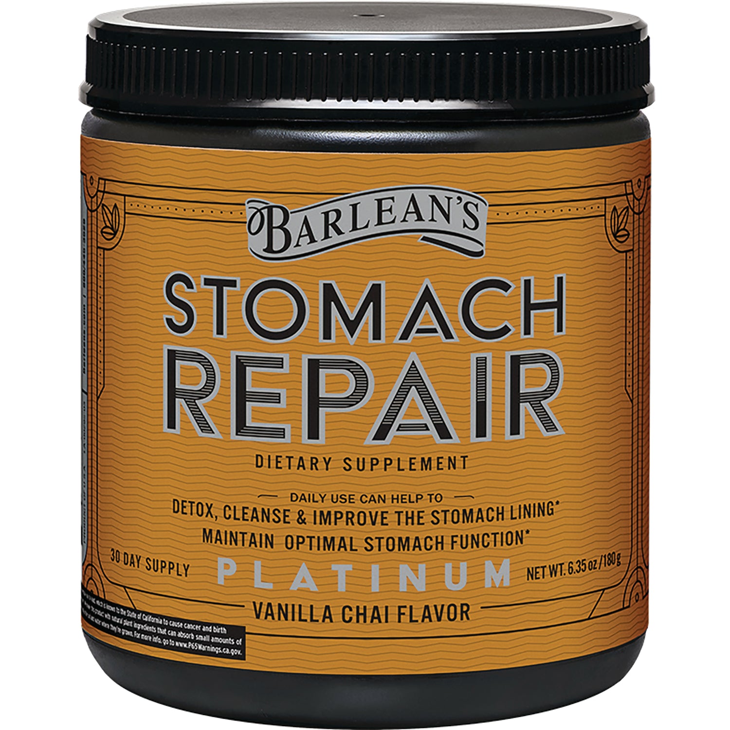BAR115 | Barlean's Stomach Repair dietary supplement container, platinum vanilla chai flavor front label