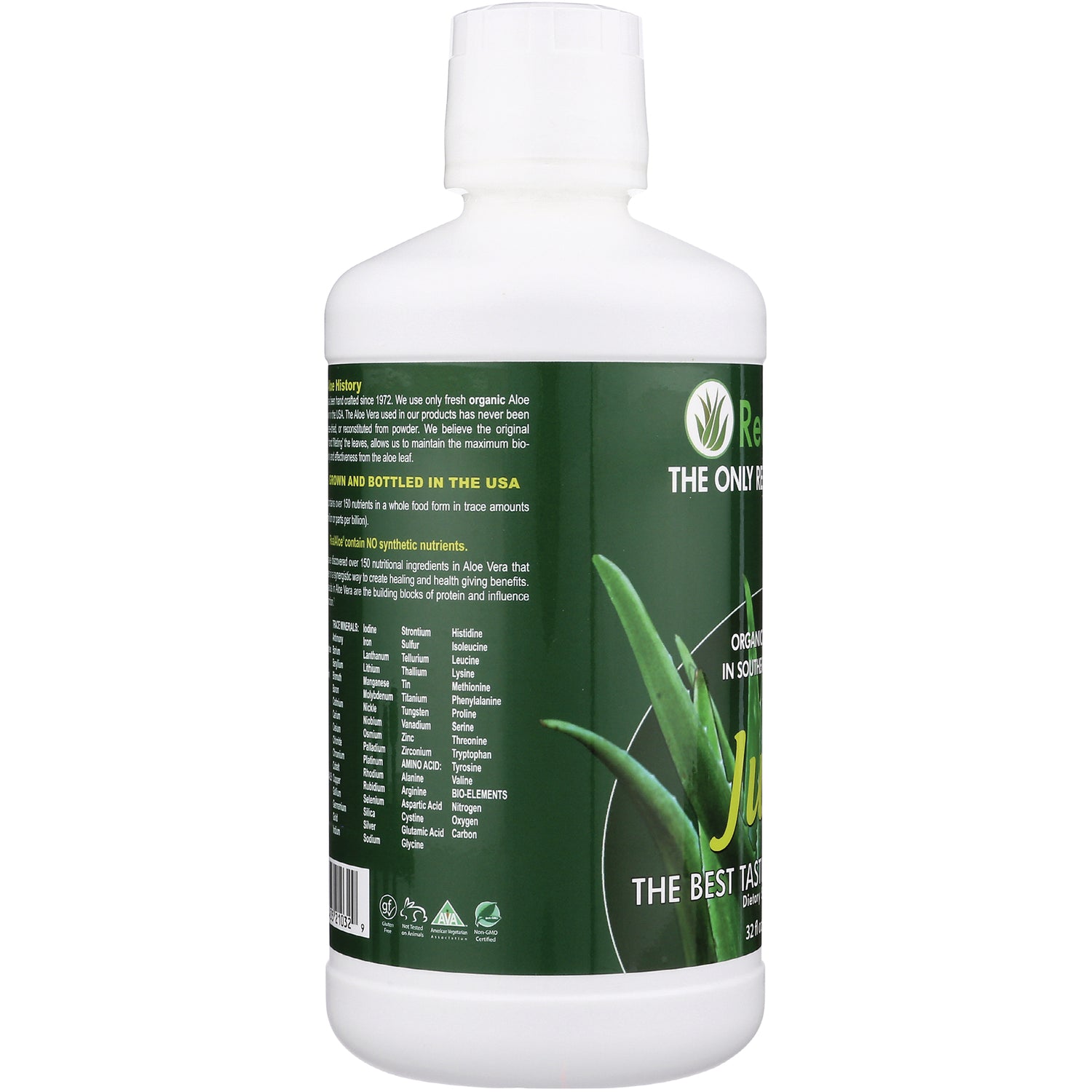 RA010 | green bottle back label showing ingredients, nutrition facts and aloe graphic