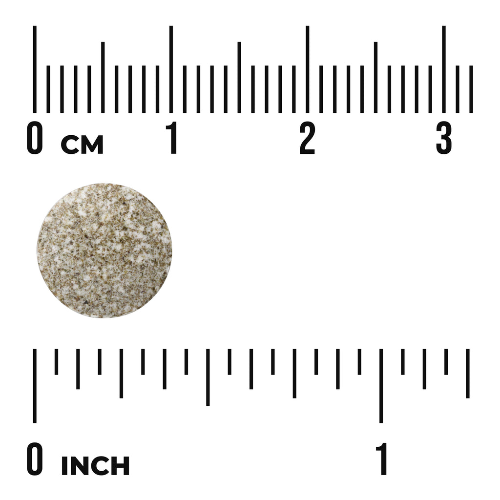 SWD013 | Round speckled tablet shown with rulers in cm and inches for size reference - Thumbnail