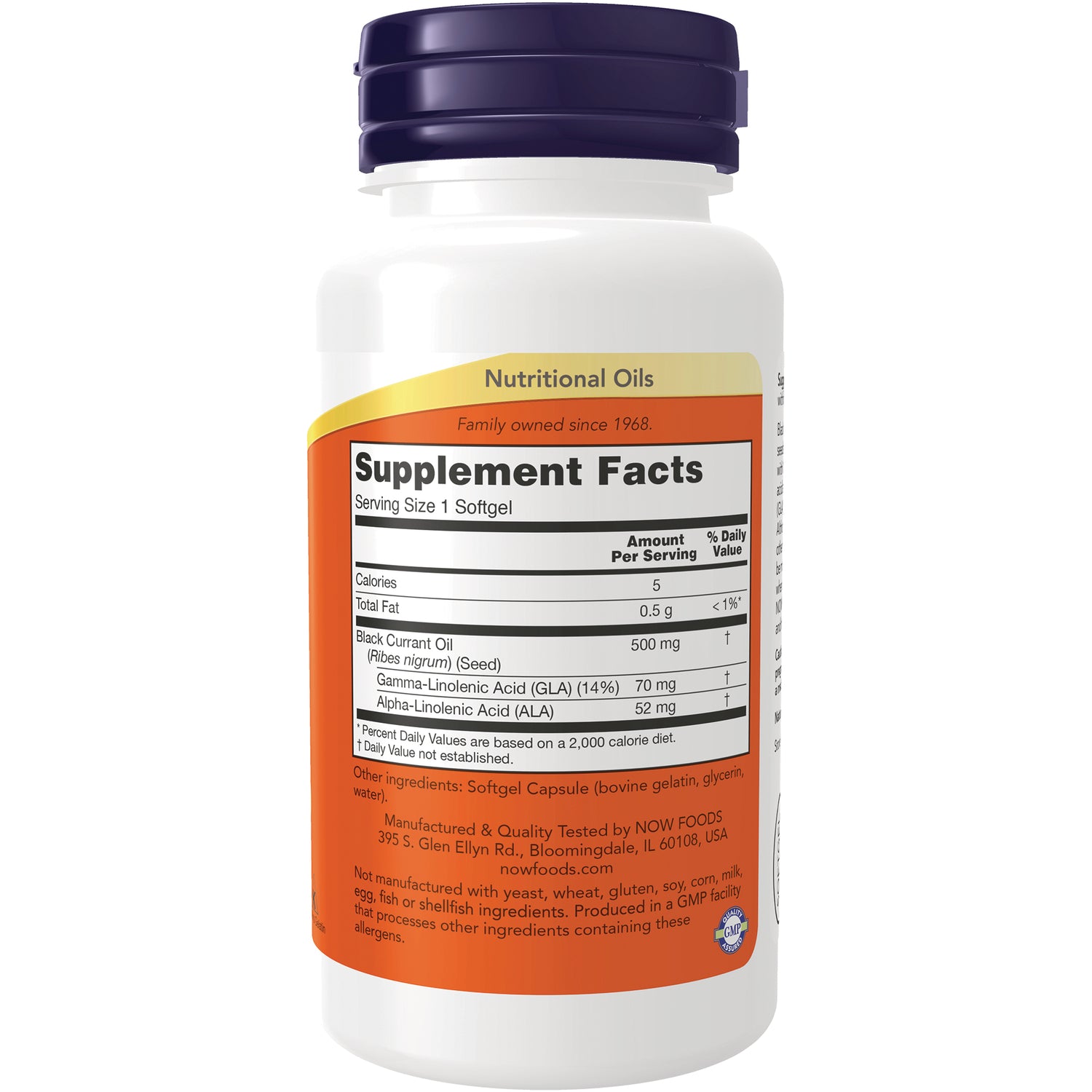 NWF797 | back of white supplement bottle showing Supplement Facts panel, Serving Size 1 Softgel, Black Currant Oil 500 mg