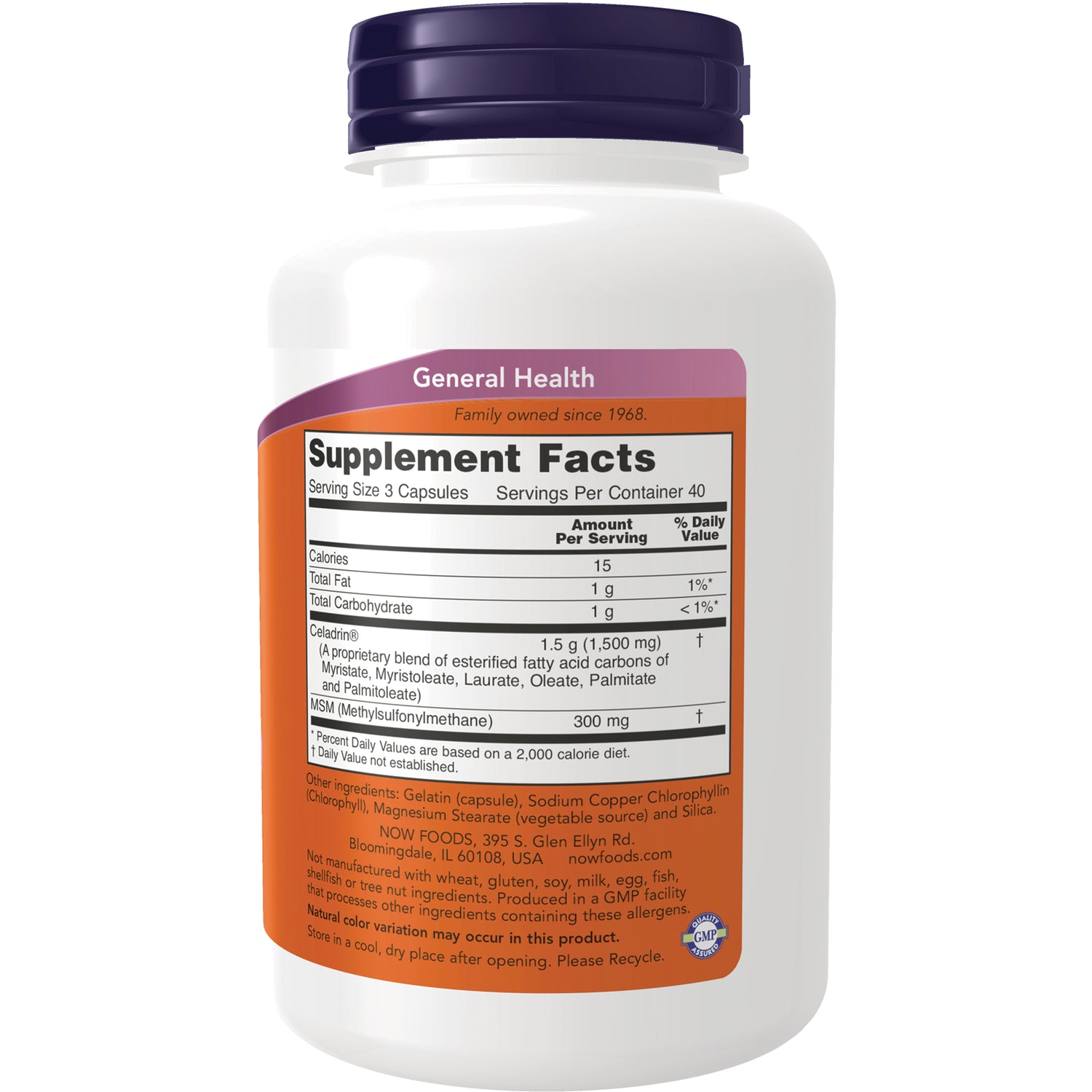 NWF662 | back of white supplement bottle showing Supplement Facts panel with serving size 3 capsules and ingredient list