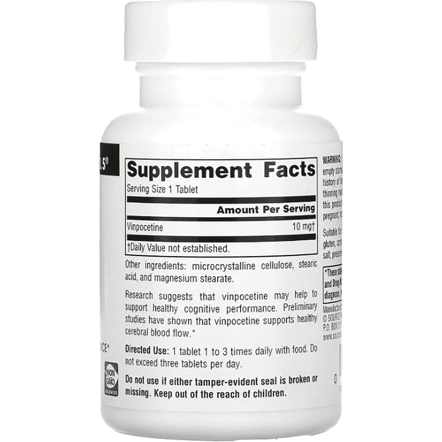 SN140 | Back label of white supplement bottle showing Supplement Facts listing vinpocetine 10 mg and usage directions