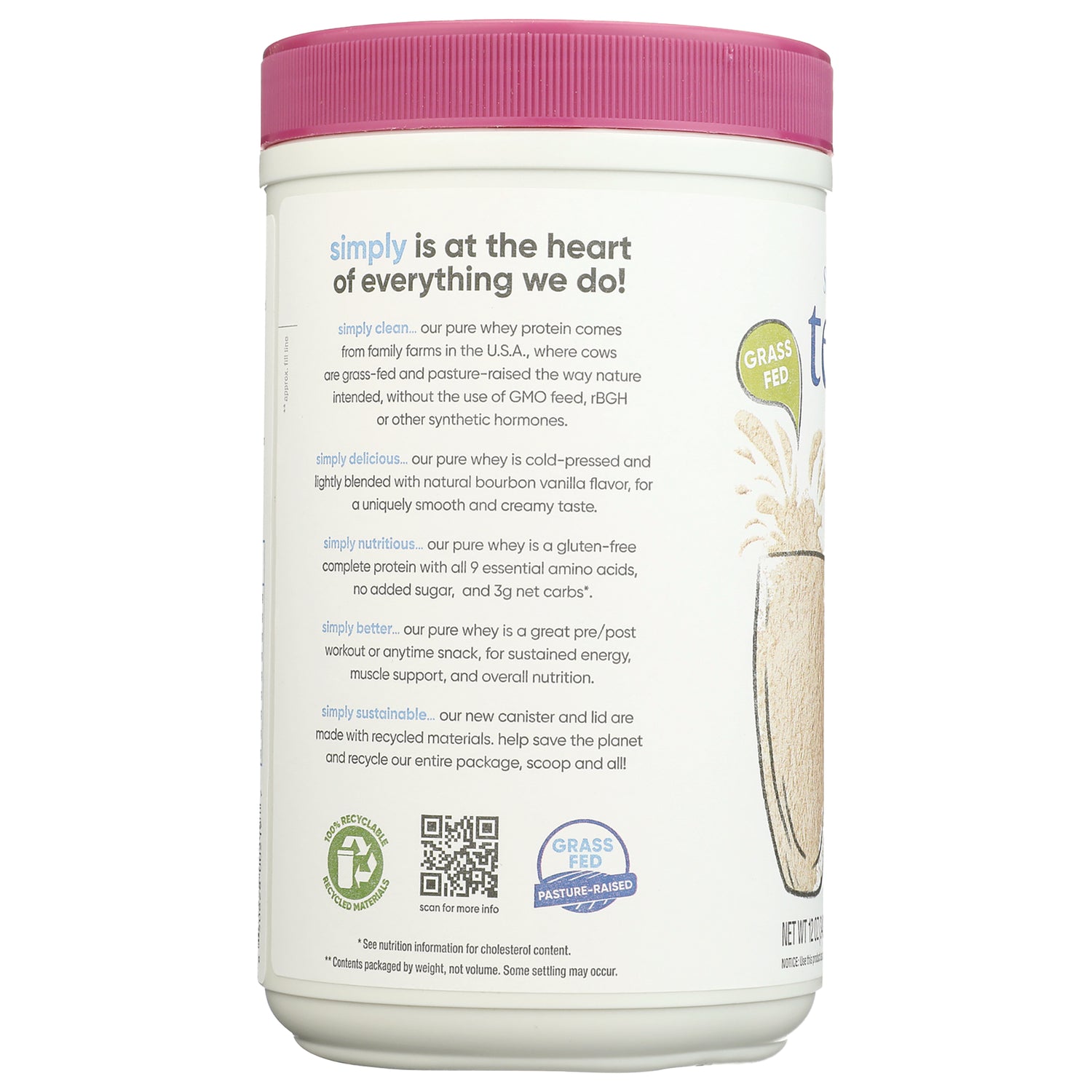 TER004 | Side label infographic listing simply clean, delicious, nutritious, better, sustainable; grass-fed badge and QR code