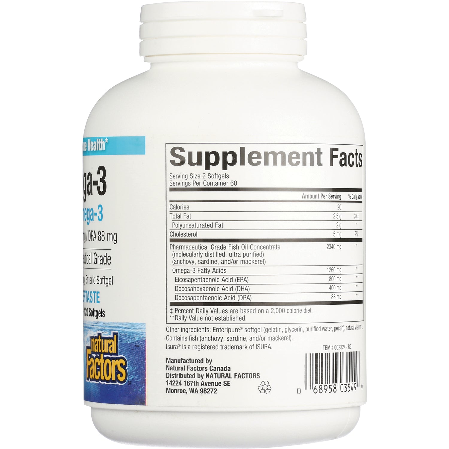 NFC034 | Supplement Facts panel and ingredient text on back of white supplement bottle with barcode