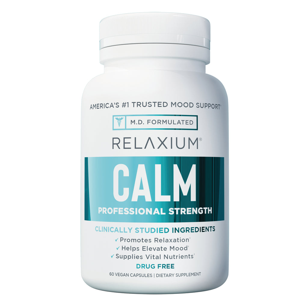 REL004 | white bottle of Relaxium CALM professional strength dietary supplement with teal label and visible product text - Thumbnail