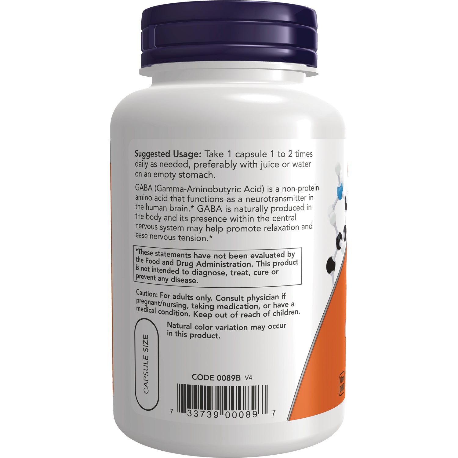 NWF307 | back label of white supplement bottle showing suggested usage, warnings, barcode and capsule size
