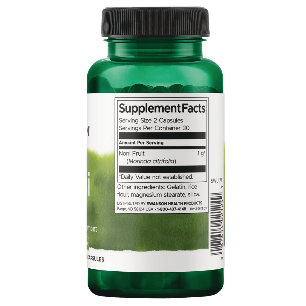 SWU124 | Back label with Supplement Facts for noni fruit capsules, serving size 2 capsules, 30 servings - Thumbnail
