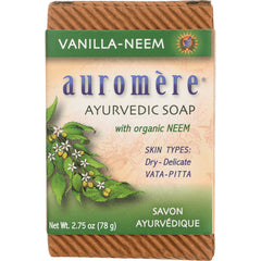 AUR015 | Auromre Vanilla-Neem Ayurvedic soap front packaging showing brand name, neem illustration and net wt 2.75 oz