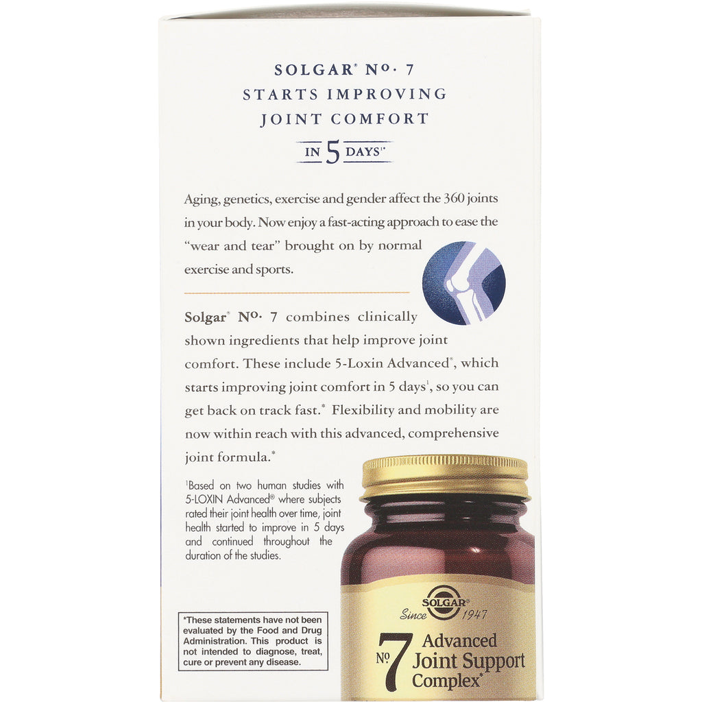 SLG325 | Product infographic for Solgar No. 7 showing joint support claims Starts improving joint comfort in 5 days and partial bottle image - Thumbnail