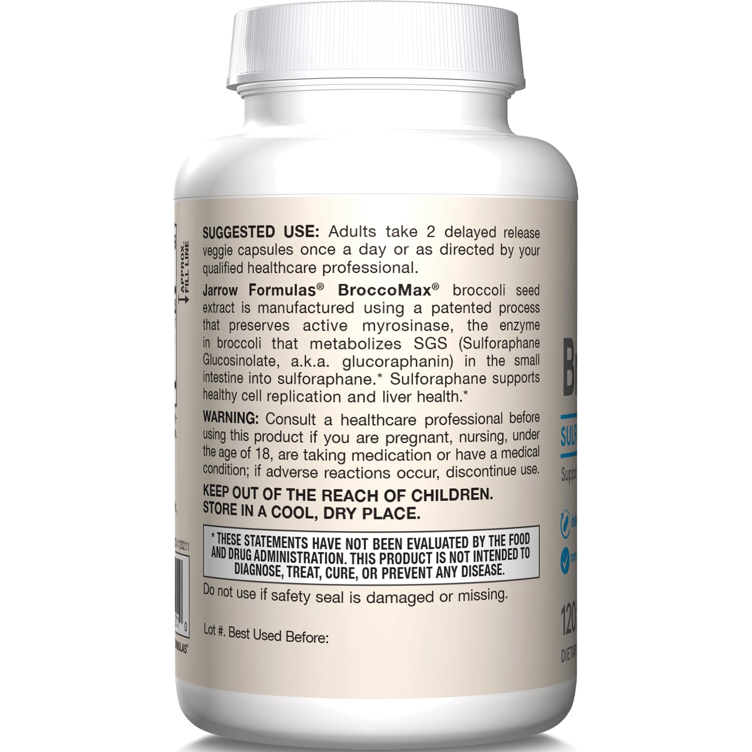 Bottle back label showing suggested use, warnings, Keep out of the reach of children, and storage instructions