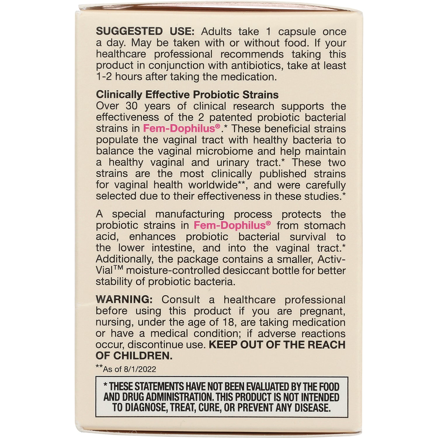 JR060 | back panel text with suggested use, Clinically Effective Probiotic Strains, warnings and FDA disclaimer