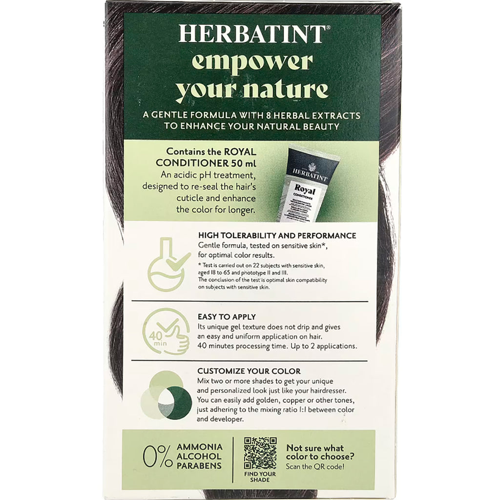 HBT004 | back of Herbatint hair color box showing 'empower your nature', conditioner 50 ml, benefits, 0% ammonia alcohol parabens and QR code - Thumbnail