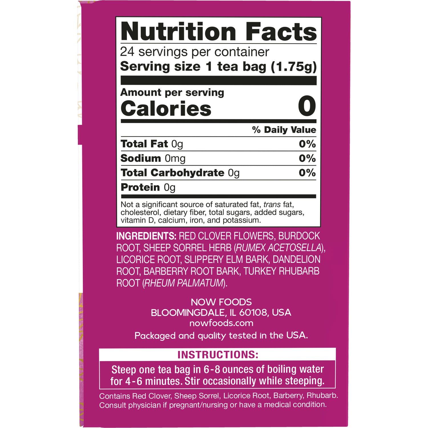 NWF1084 | Back of tea box showing Nutrition Facts, ingredient list, and brewing instructions