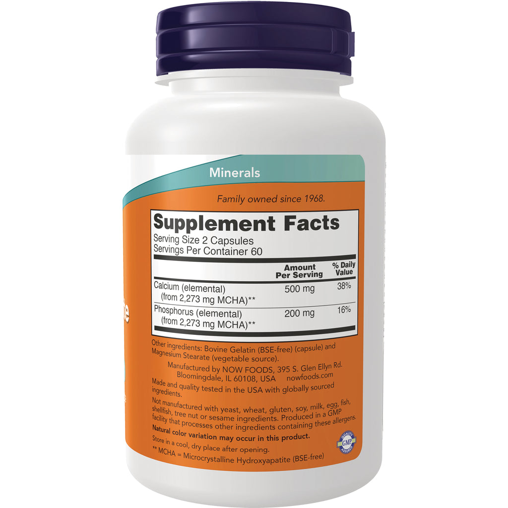 NWF295 | Back of white supplement bottle showing Supplement Facts panel listing calcium 500 mg and phosphorus 200 mg - Thumbnail