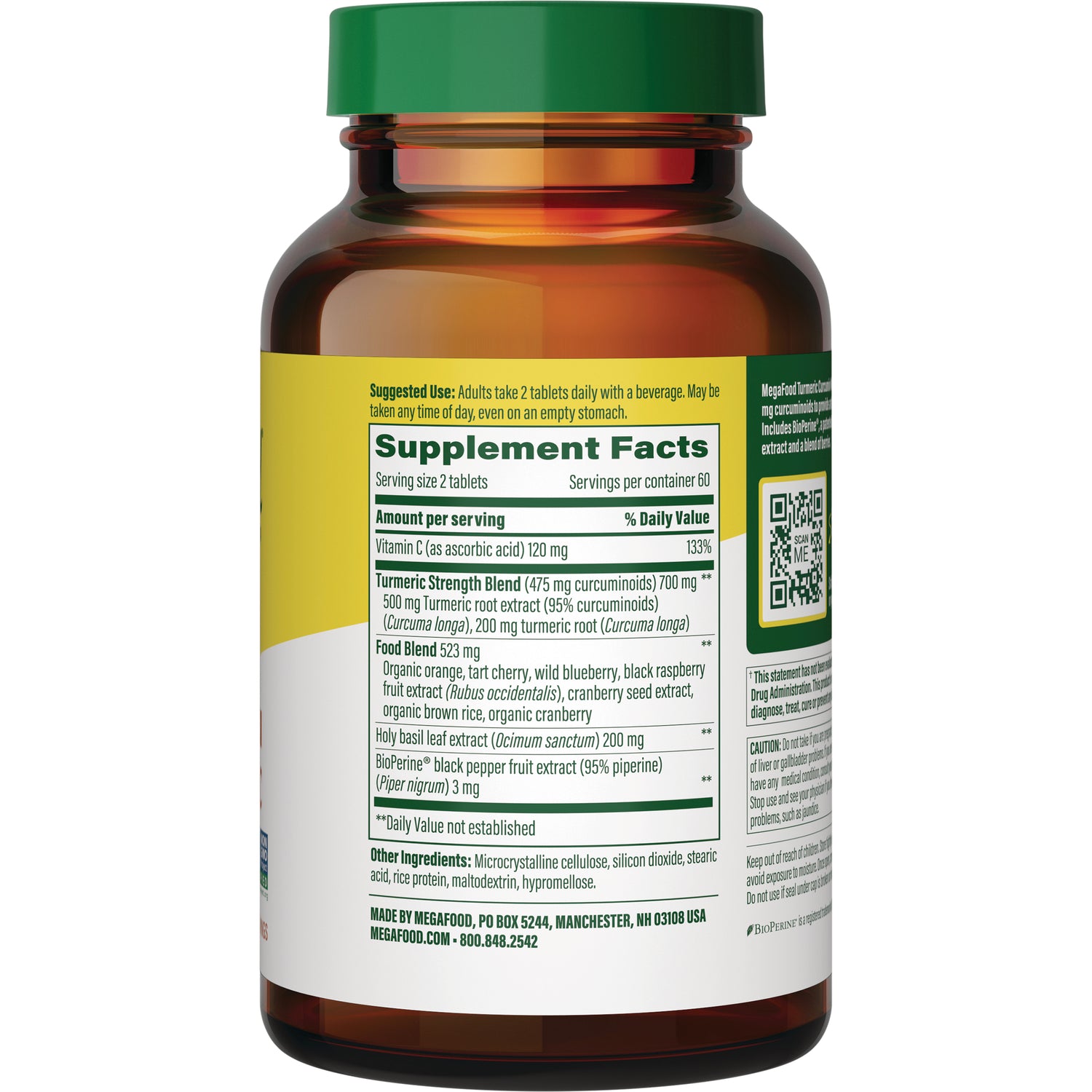 MGF049 | Back of amber supplement bottle showing Supplement Facts panel, ingredients list, and QR code