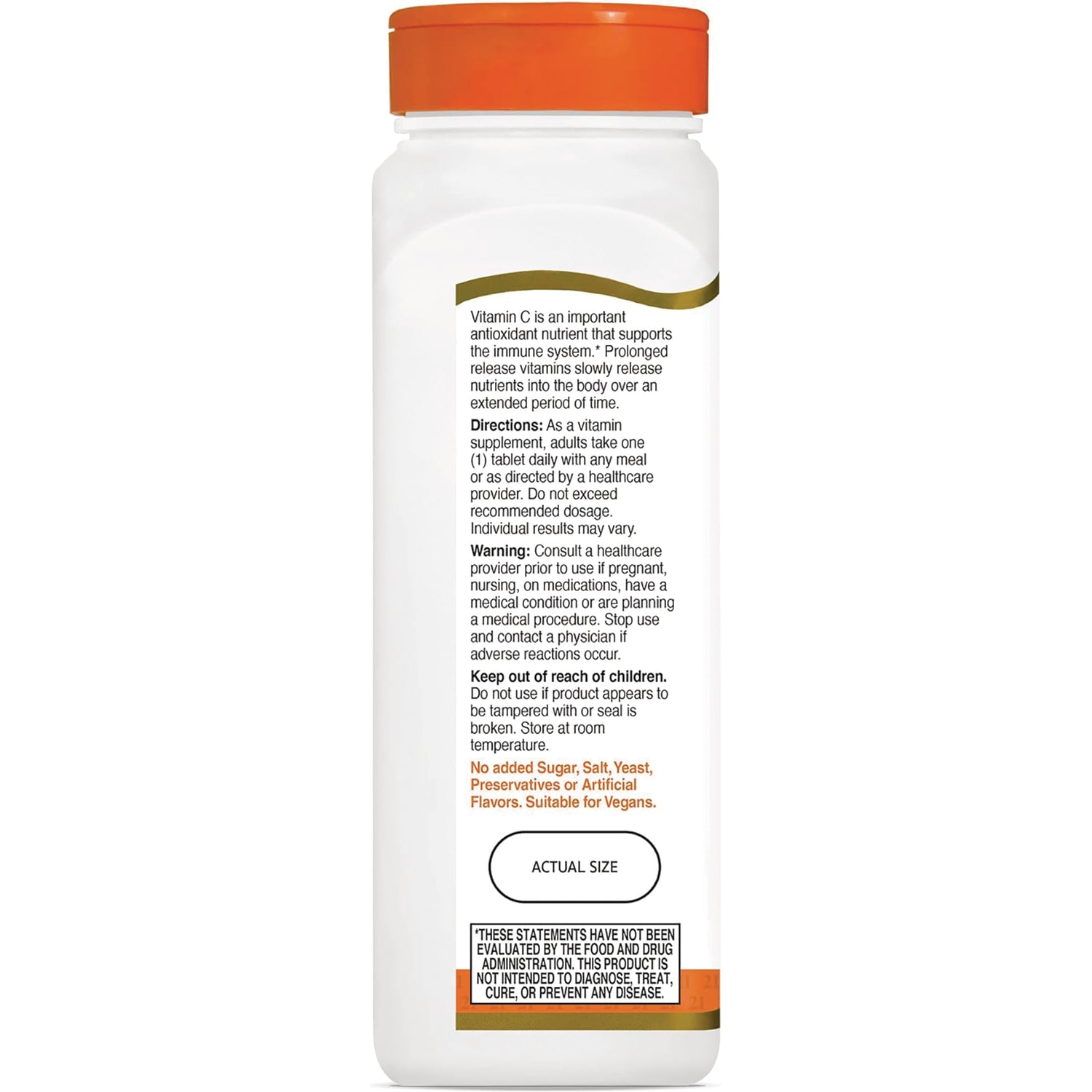 CNT171 | back label of white supplement bottle showing directions, warnings, Actual Size mark and small disclaimer