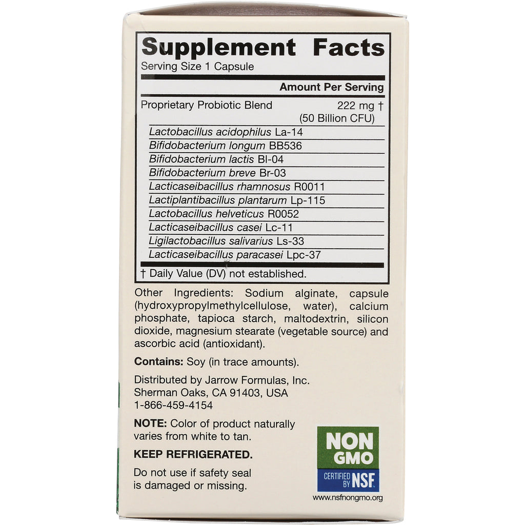 JR133 | Supplement Facts and ingredients panel on back of probiotic box listing strains, serving size, and warnings - Thumbnail
