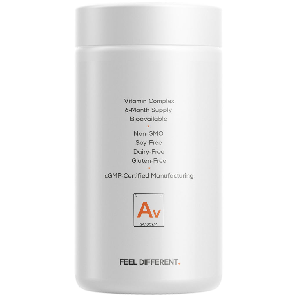 CDG035 | Back of white supplement bottle listing Vitamin Complex, 6-Month Supply, bioavailable, Non-GMO, soy-free, dairy-free, gluten-free, cGMP - Thumbnail