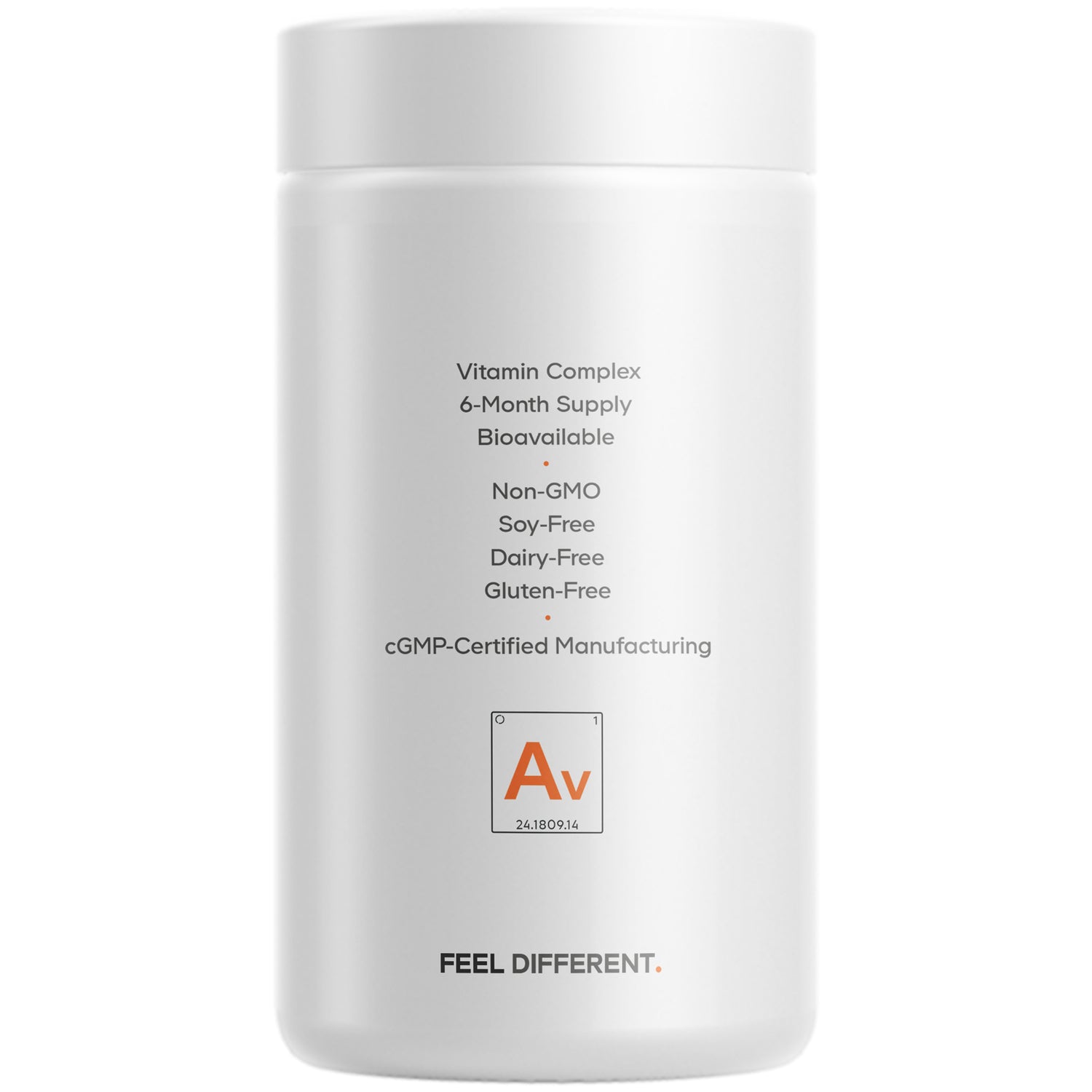 CDG035 | Back of white supplement bottle listing Vitamin Complex, 6-Month Supply, bioavailable, Non-GMO, soy-free, dairy-free, gluten-free, cGMP