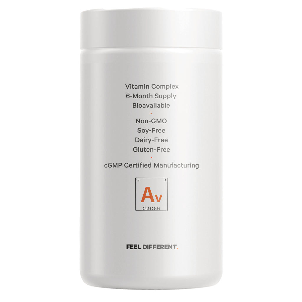 CDG035 | Back of white supplement bottle listing Vitamin Complex, 6-Month Supply, bioavailable, Non-GMO, soy-free, dairy-free, gluten-free, cGMP - Thumbnail