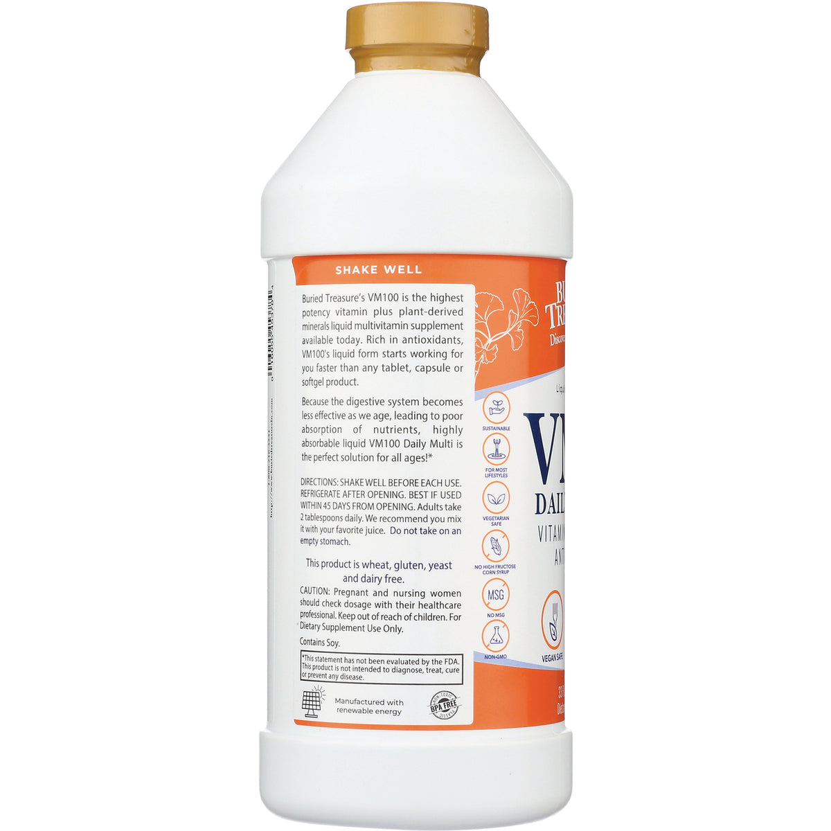 BTR005 | back label showing usage directions, icons, and warnings on a liquid vitamin bottle