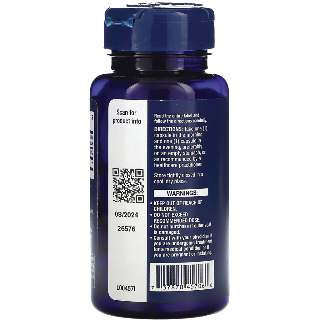 LE018 | Back of blue supplement bottle showing directions, warnings, barcode and QR code - Thumbnail