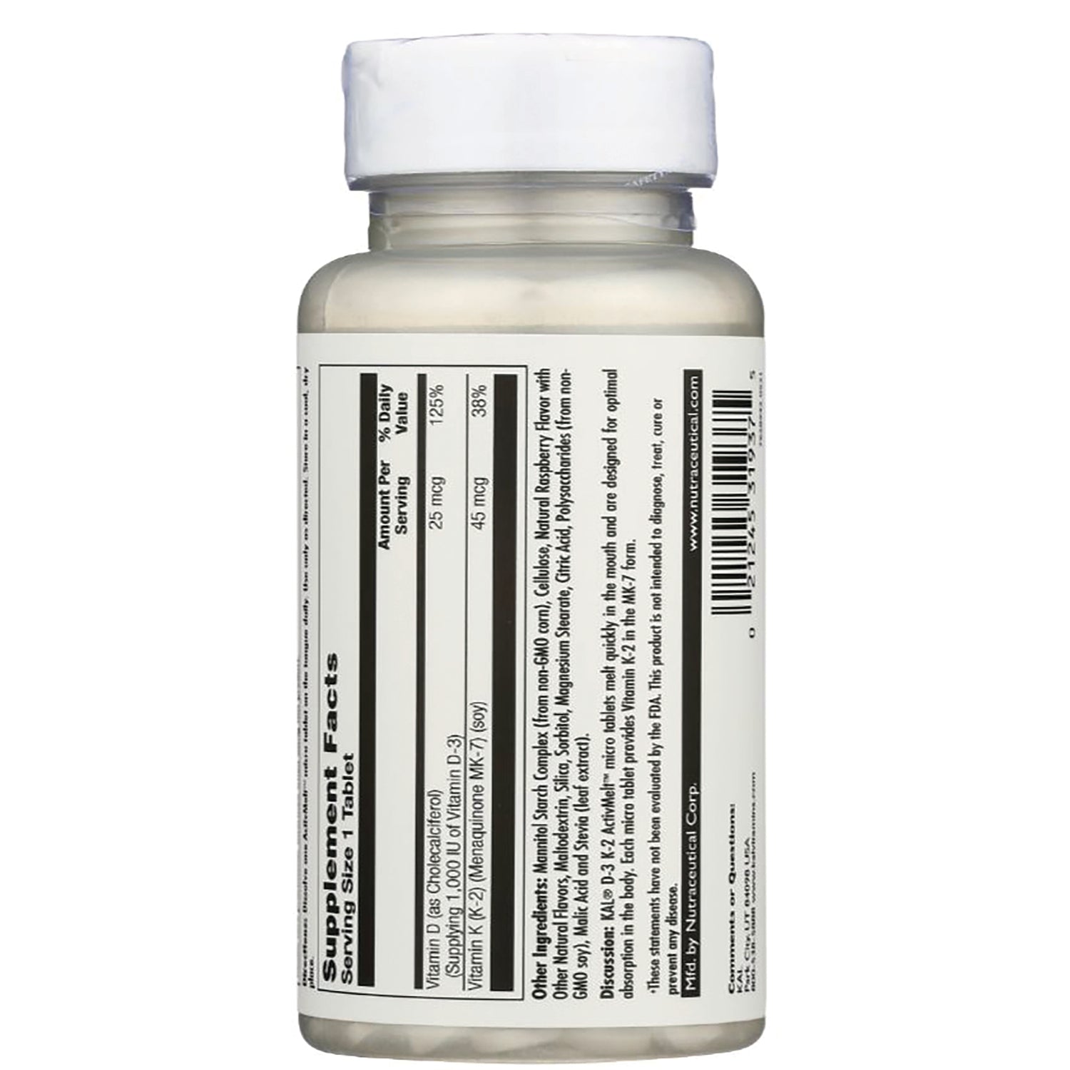 KL540 | Back of white supplement bottle showing Supplement Facts panel and barcode