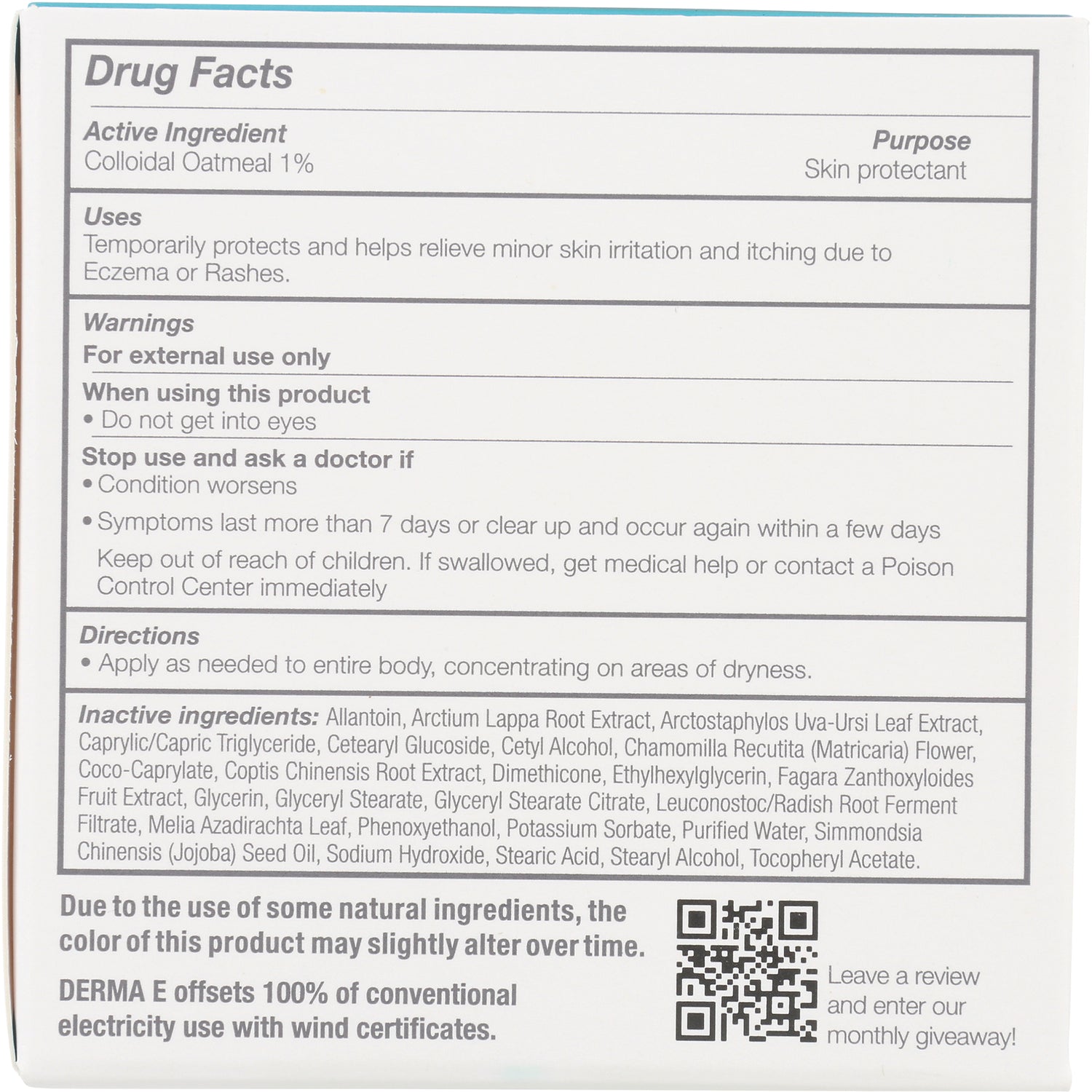 DE003 | back of product box showing Drug Facts panel with active ingredient Colloidal Oatmeal 1% and ingredient list