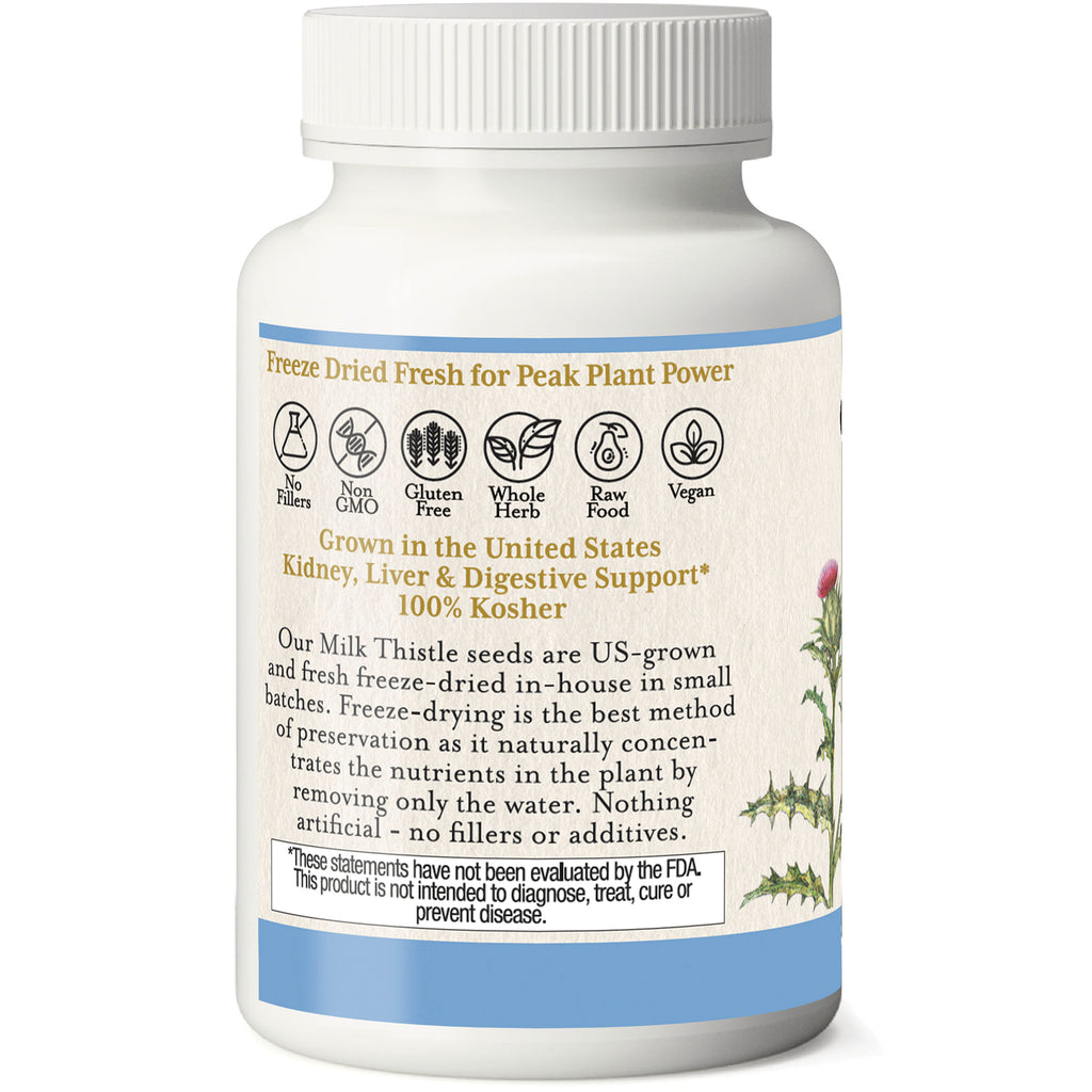 EC003 | back label of white supplement bottle with icons, US-grown milk thistle claims, 100% Kosher and FDA disclaimer - Thumbnail