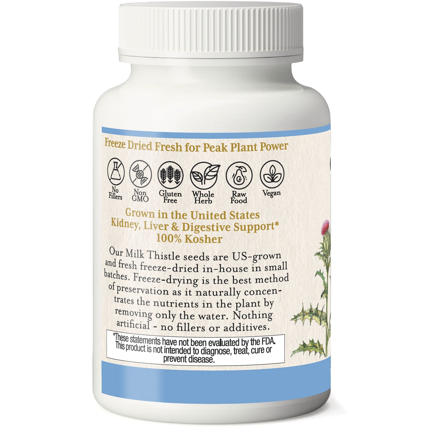 EC003 | back label of white supplement bottle with icons, US-grown milk thistle claims, 100% Kosher and FDA disclaimer