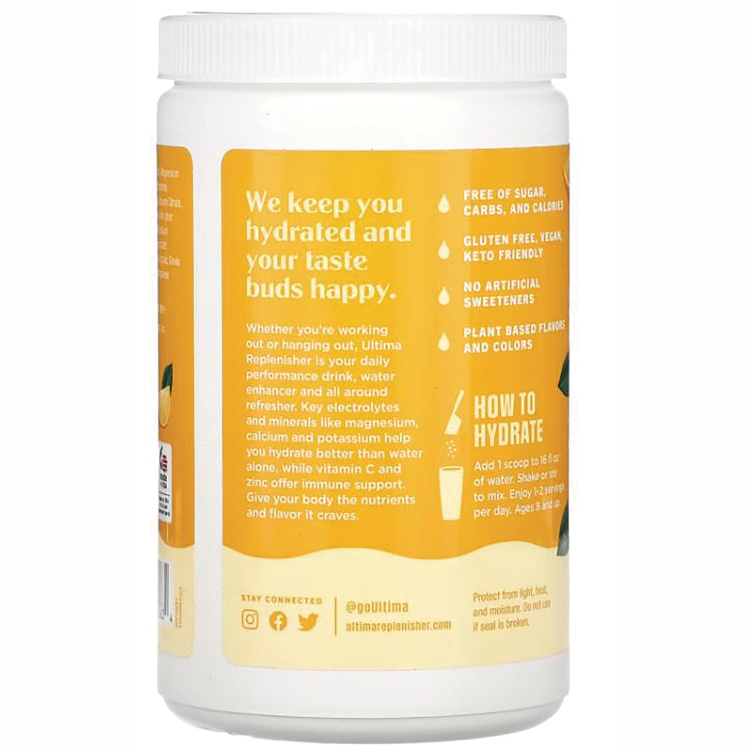 UHP021 | Benefits and how-to panel for electrolyte drink mix: sugar free, gluten free, vegan, keto friendly, no artificial sweeteners