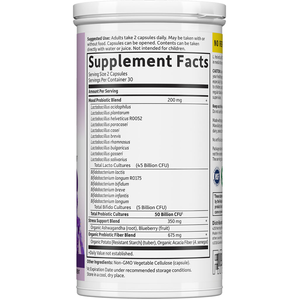 GLF222 | Supplement Facts panel on bottle showing Mood Probiotic Blend, total probiotic cultures, serving size and other ingredients - Thumbnail