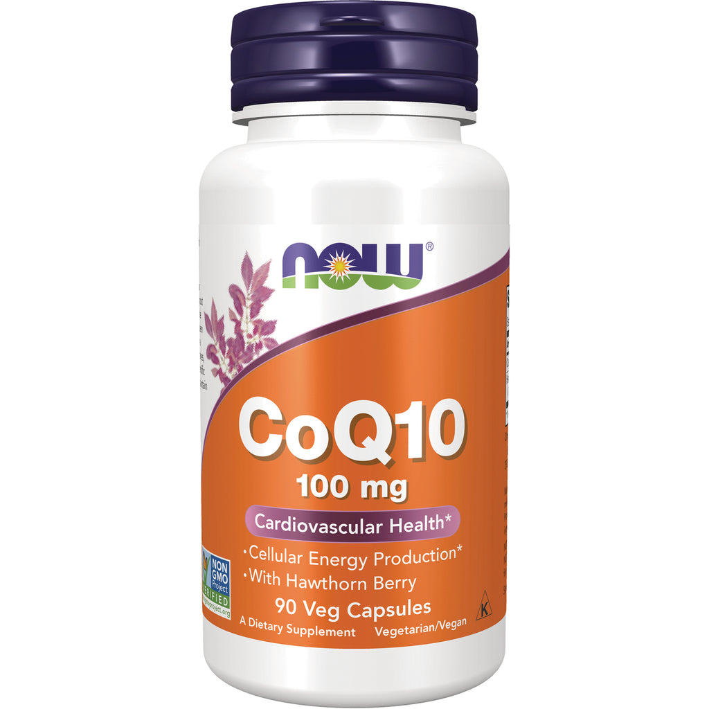 NWF812 | NOW CoQ10 100 mg supplement bottle with orange label, 90 veg capsules - Thumbnail