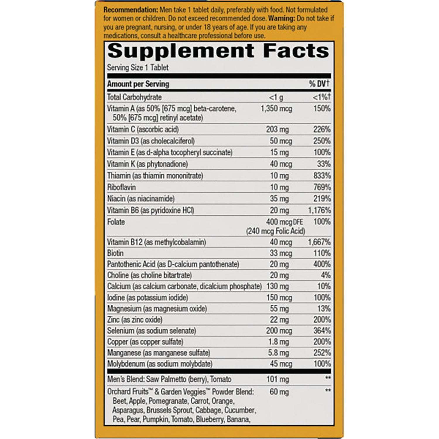 NW710 | Supplement Facts label showing vitamins, minerals, serving size, and amounts per tablet