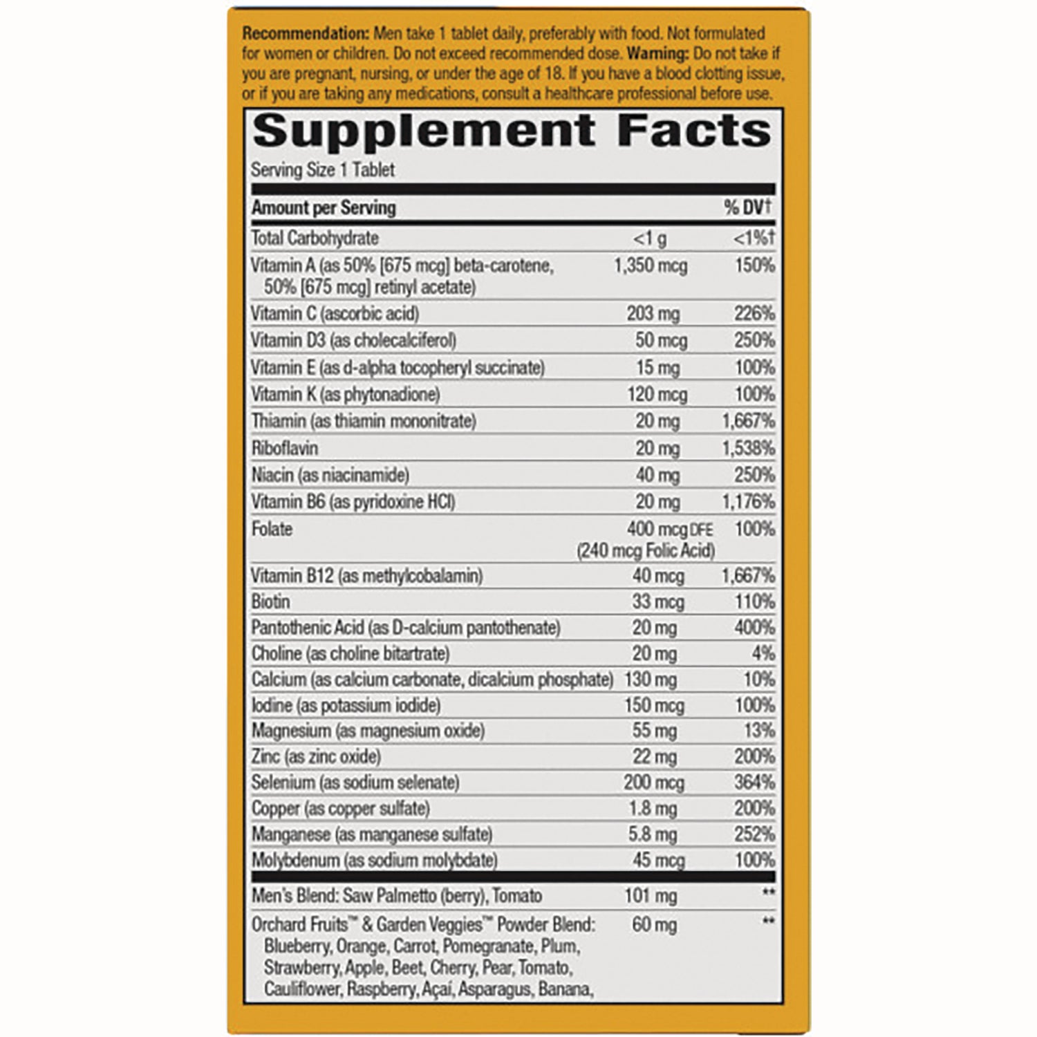 NW710 | Supplement Facts label showing vitamins, minerals, serving size, and amounts per tablet