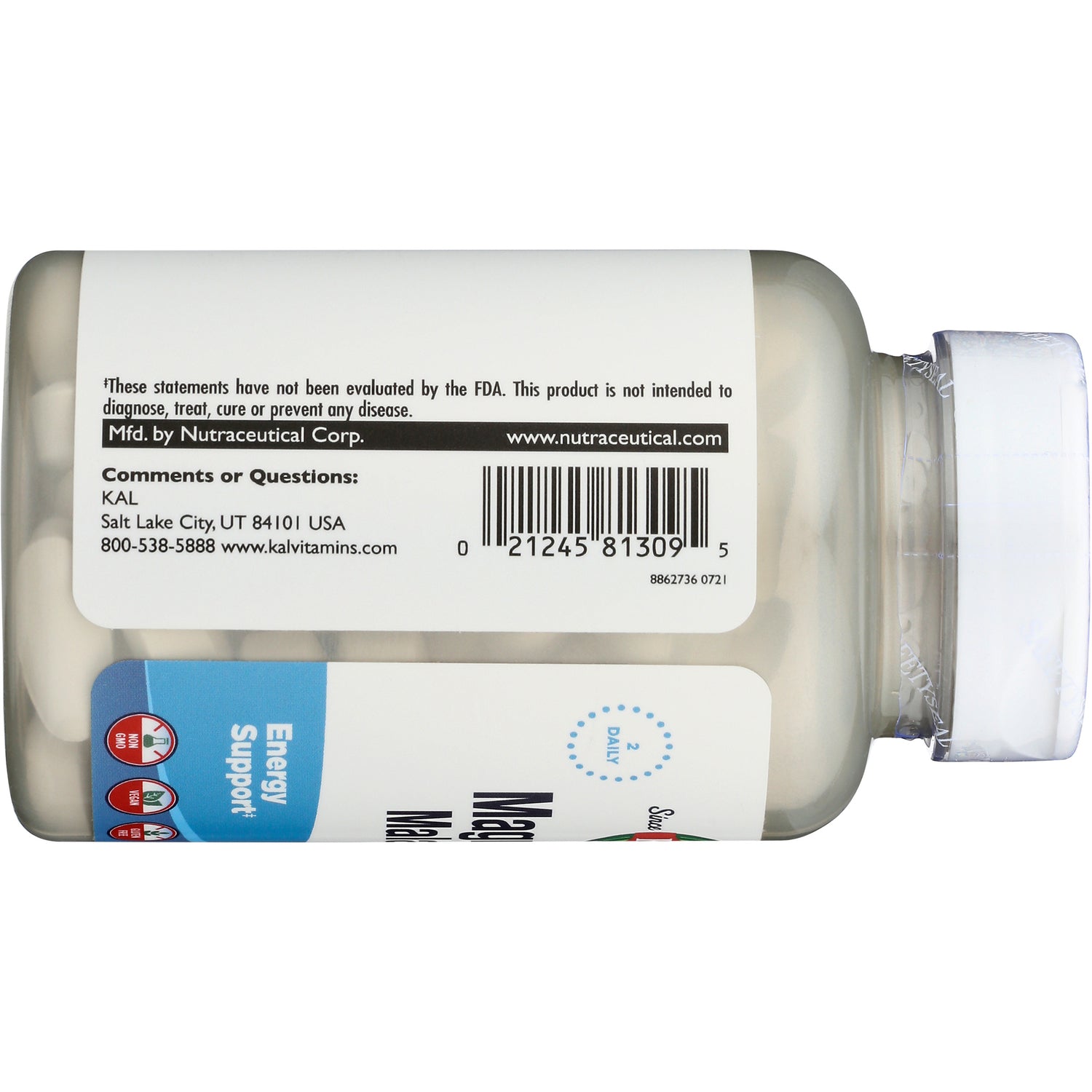 KL469 | horizontal supplement bottle back label showing barcode, ingredients panel and white cap