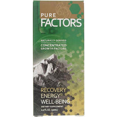 PSL003 | Pure Factors green supplement box labeled RECOVERY ENERGY WELL-BEING with mountain image 1.0 FL OZ