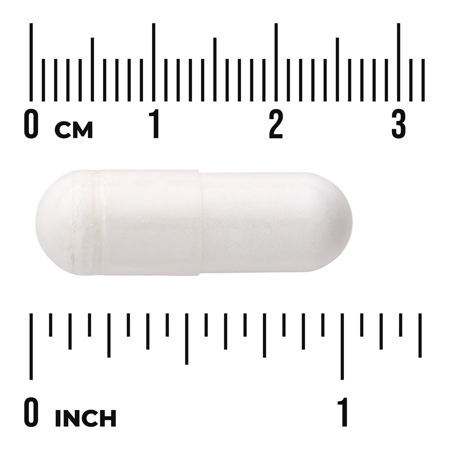 SWU682 | White two-piece capsule centered between rulers showing centimeters and inches, visible text '0 CM' and '0 INCH'