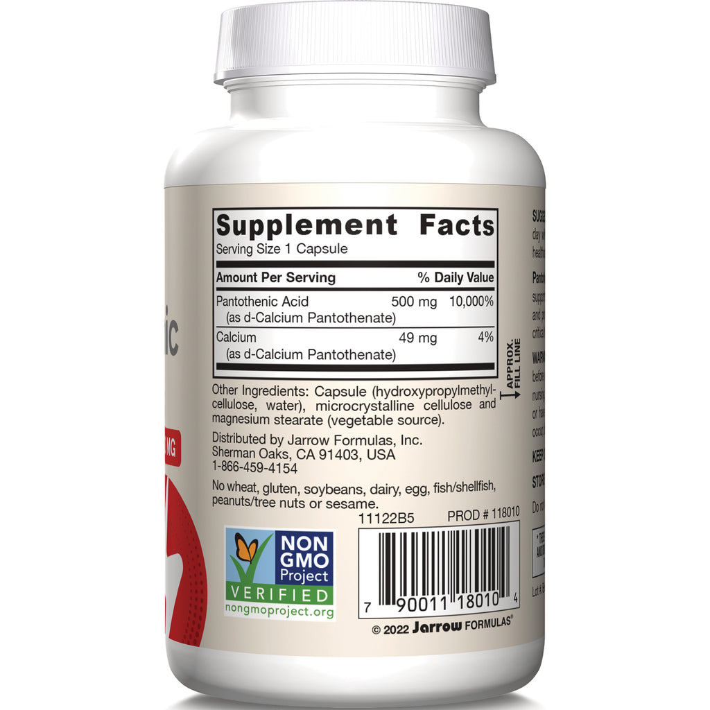 JR336 | Back label with Supplement Facts showing Serving Size 1 Capsule, Pantothenic Acid 500 mg, ingredients and barcode - Thumbnail