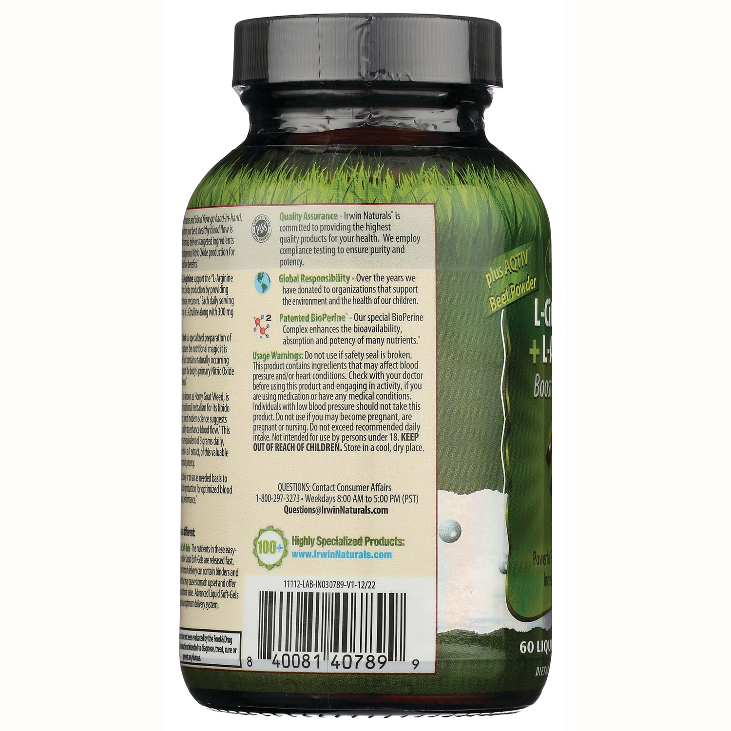 IR273 | Back label of green supplement bottle showing text panels, barcode, and usage warnings