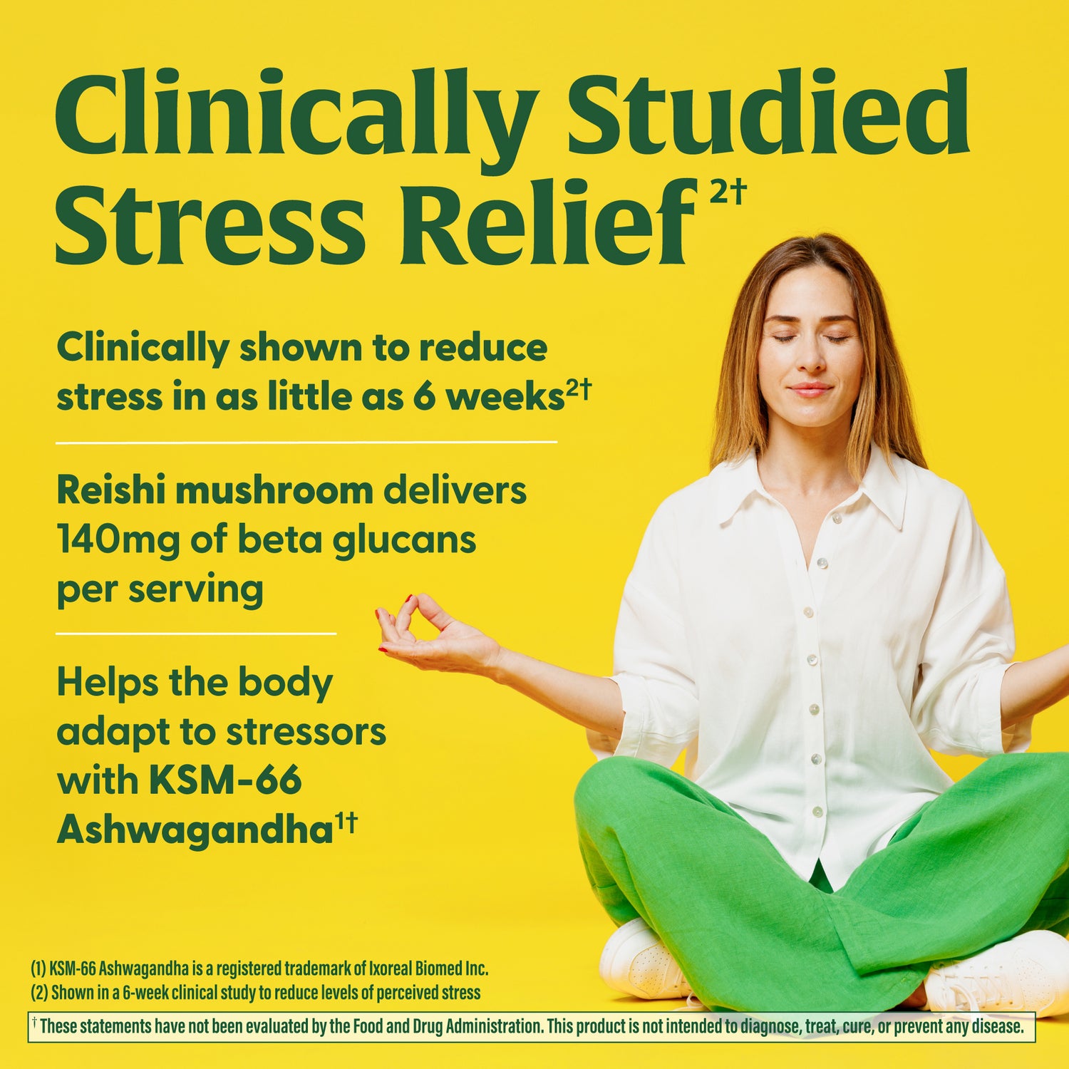 MGF138 | back panel showing stress relief claims, ingredient highlights and a woman meditating on yellow background