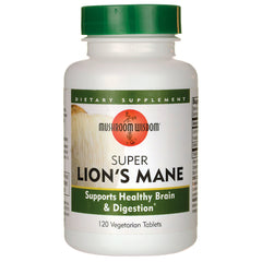 MSH009 | Bottle of Mushroom Wisdom Super Lion's Mane dietary supplement, 120 vegetarian tablets, green cap