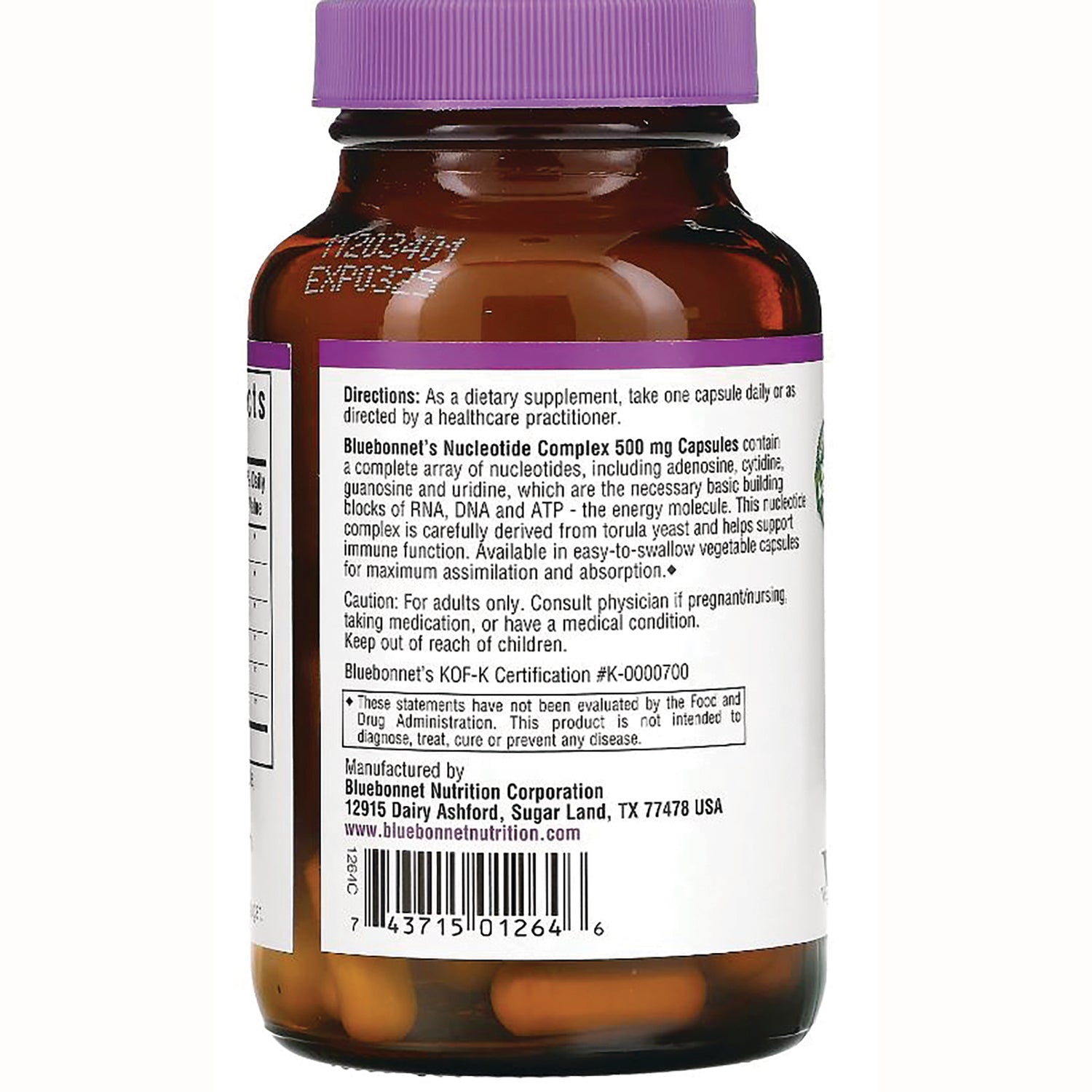 BLU106 | Back of brown supplement bottle showing directions, ingredient text, barcode and visible capsules