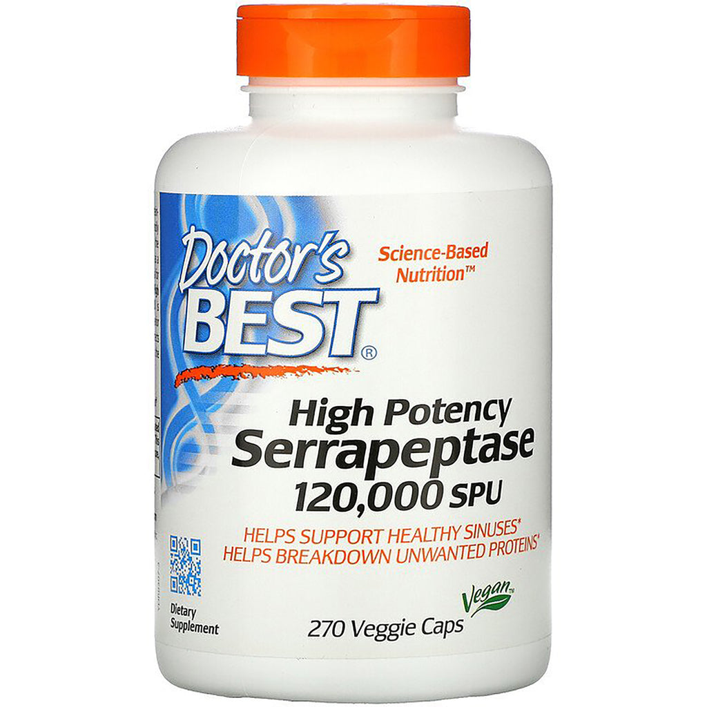 DB233 | Doctor's Best High Potency Serrapeptase 120,000 SPU white bottle with orange cap, 270 veggie caps - Thumbnail