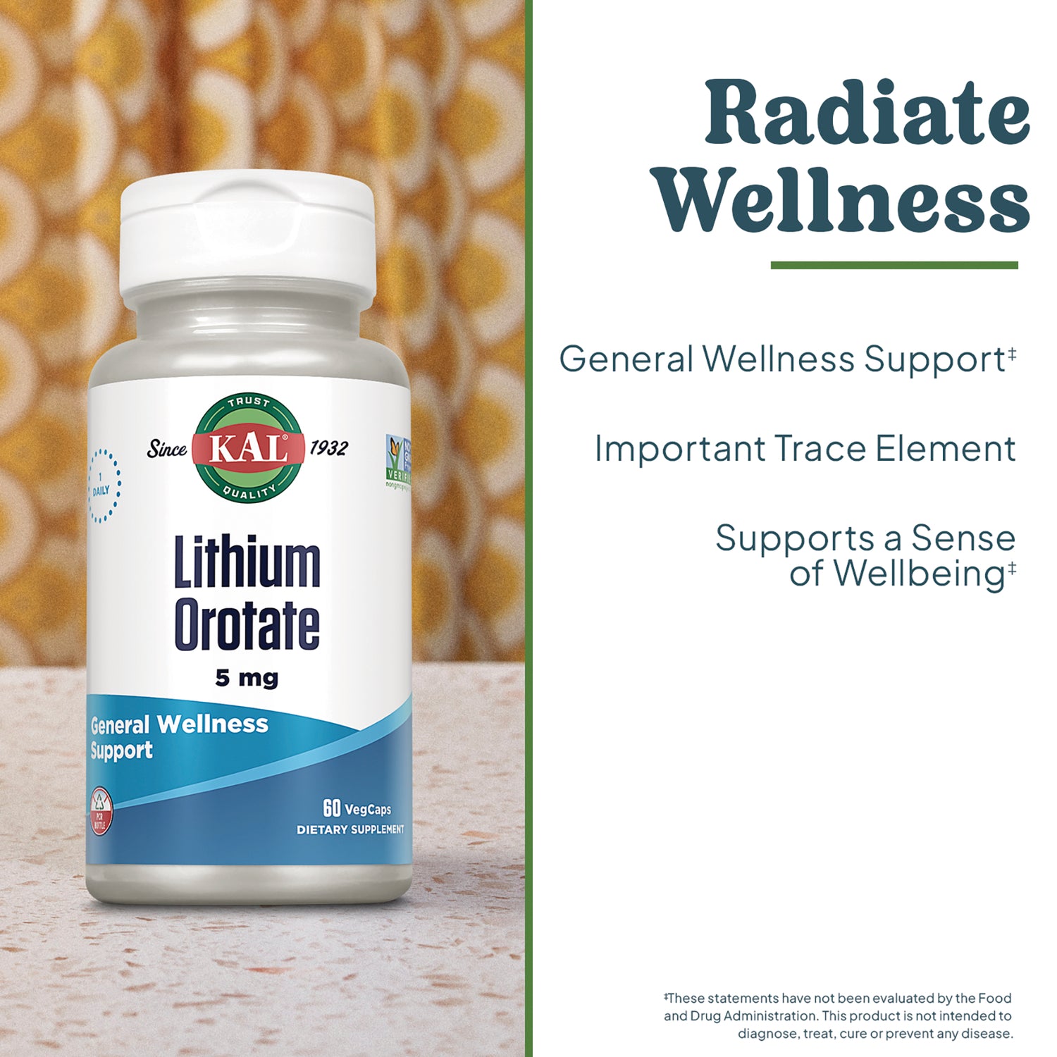 KL593 | KAL Lithium Orotate 5 mg bottle beside wellness claims and General Wellness Support text