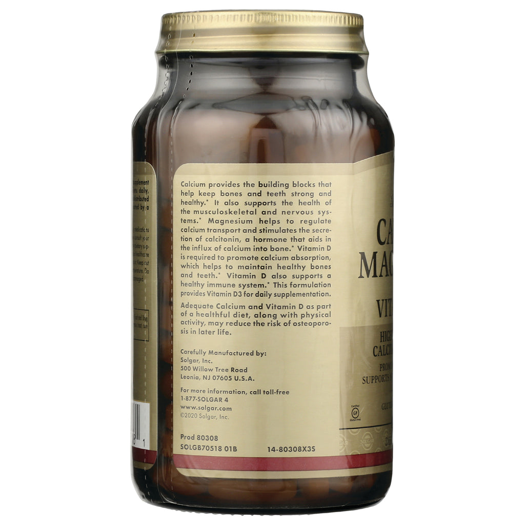 SLG217 | back label of amber supplement bottle showing calcium information, manufacturer Solgar contact and product codes - Thumbnail
